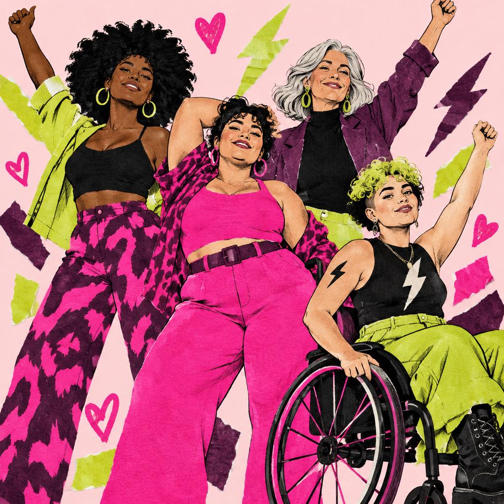A diverse crew of confident people raising their arms, including a wheelchair user